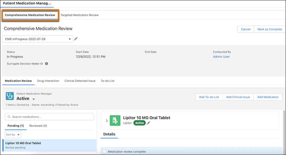 A screenshot of the Patient Medication Manager component with the Comprehensive Medication Review tab highlighted.