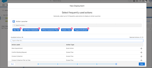 A new deployment consisting of quick actions like New Task, Add Patient Medication, Clinical Assessment Flow, Create a Case, and Program Enrollment.