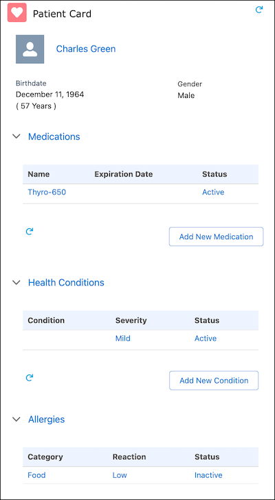 Advanced Patient Card in the Contact Center with details of Medications, Health Conditions, and Allergies.