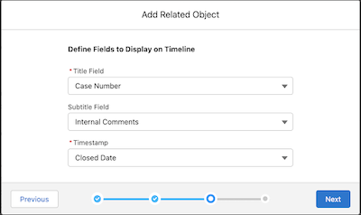 Add Related Object window, with Case Number selected in Title Field, Internal Comments selected in Subtitle Field, and Closed Date selected in Timestamp.