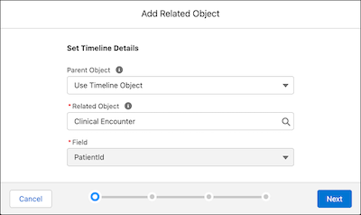Add Related Object window, with Clinical Encounter selected as Related Object, and PatientId selected as the Field.
