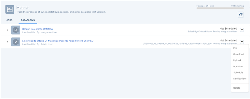 image showing the run now and schedule options for a data flow