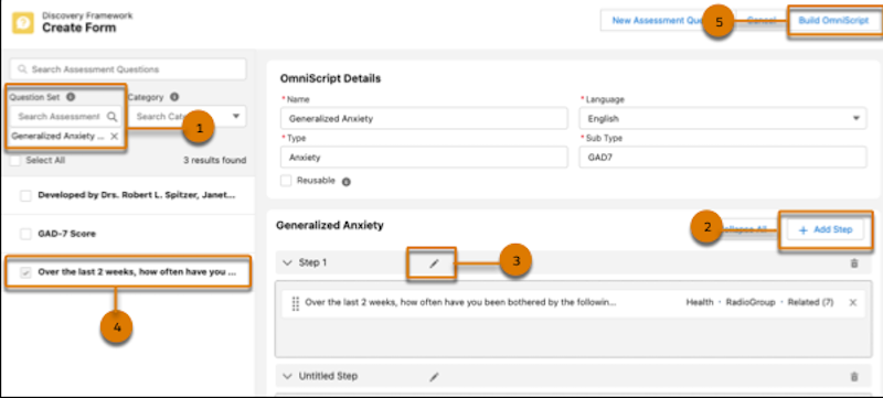 A screen shot of the form builder showing five areas of the screen. 1-question search, 2- add a step, 3-edit step name, 4- choose questions, 5- build an omniscript