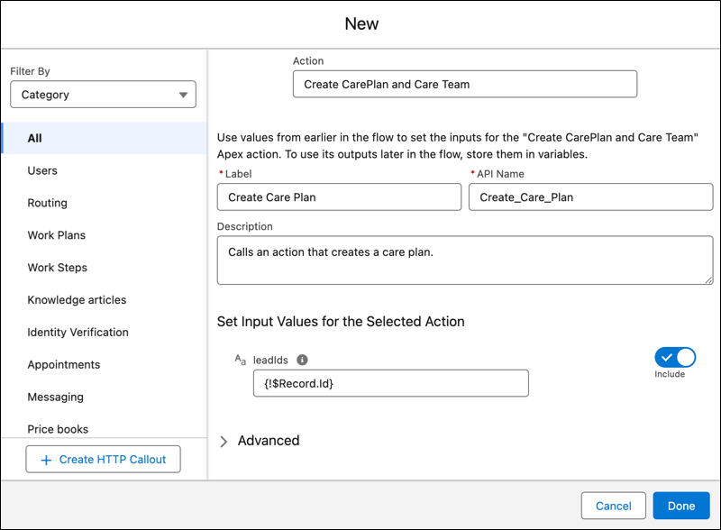 Create CarePlan and Care Team Apex Action element