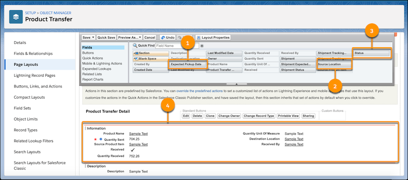 Product transfer page showing Expected Pickup Date, Source Location, and Status fields, and the Product Transfer Detail information section.