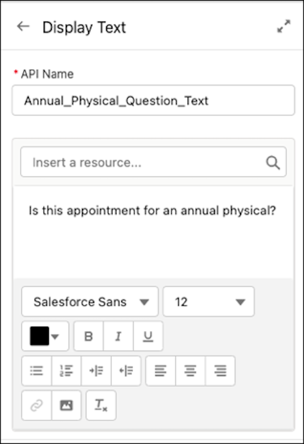 Display text api name and question text