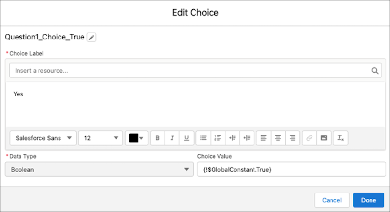 Edit choice screen for the true yes variable of the question