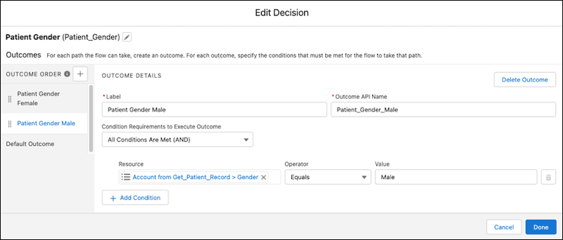 Edit decision screen showing Patient male outcome