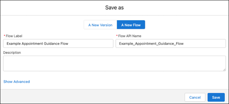 Save screen for flow showing label and API name.