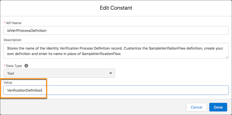 image of the identity verification process definition constant being edited