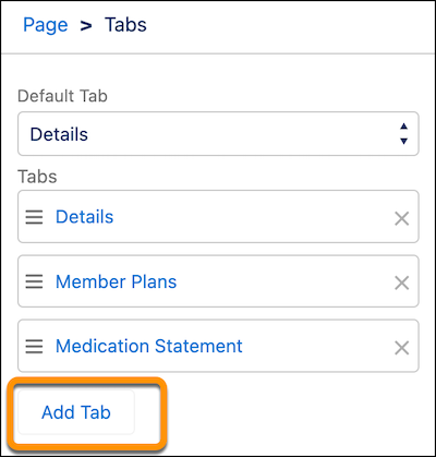 In Lightning App Builder, admins go to the person account record’s tabs and click Add Tab to configure the Healthcare Appointment Scheduler component.