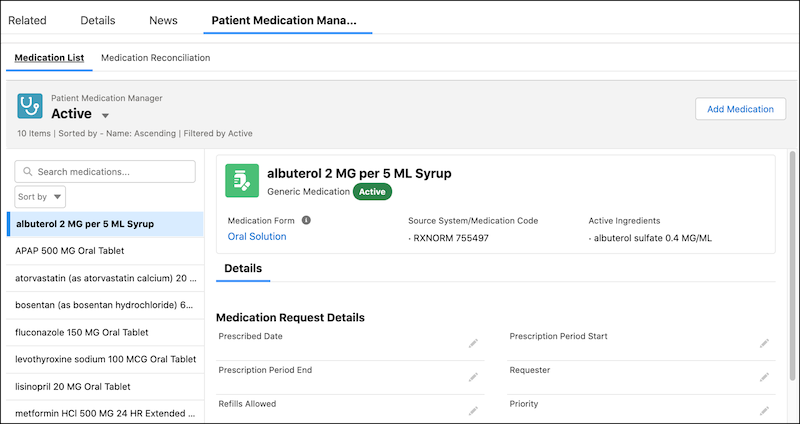 A screenshot of the Patient Medication Manager component with a list of medications, and one medication selected for detailed view.