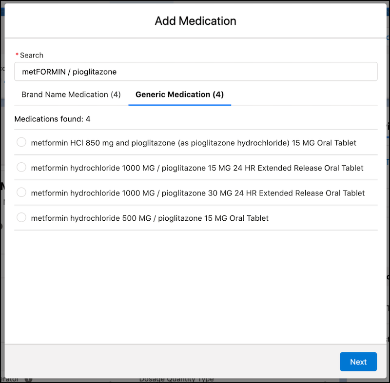A screenshot of the Add Medication flow with 8 search results for Metformin.