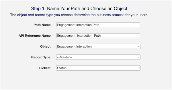 Engagement path details added for Path Name, Object, Record Type, and Picklist.