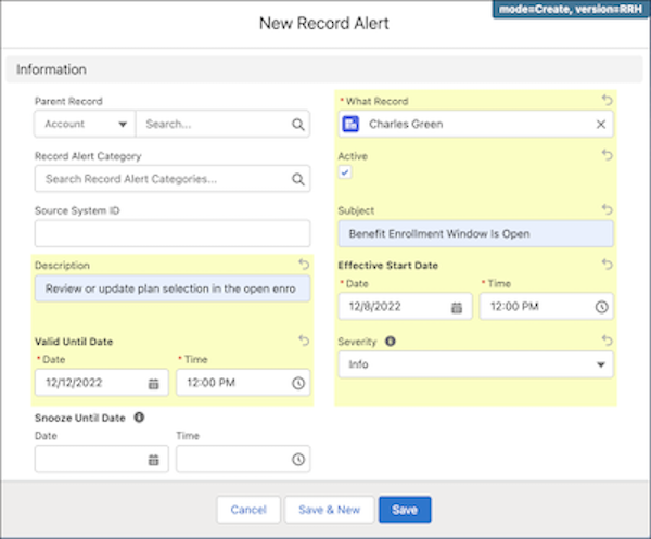 A new record alert called “Benefit Enrollment Window is Open” configured for Charles Green’s account record.