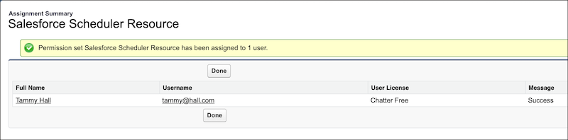 image of the salesforce scheduler resource permission set assigned to a user