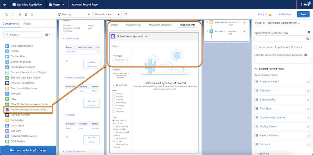 The Healthcare Appointment Scheduler component added to the person account’s Details tab.