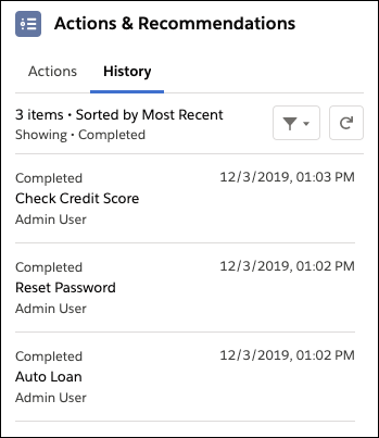 The component shows the history of guided actions.