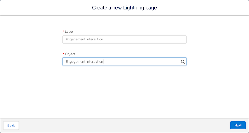 image of the create a new lightning page window displaying the label and the object fields
