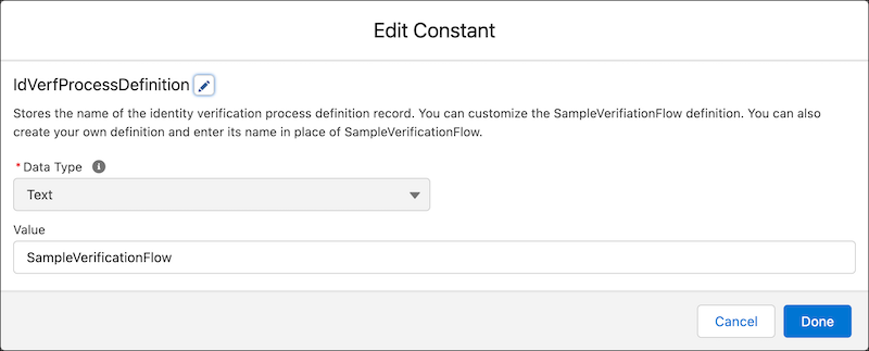 ID verification process definition constant being edited in flow builder