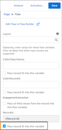 image of the attributes panel in the flow builder showing that the pass record id into this variable checkbox is selected