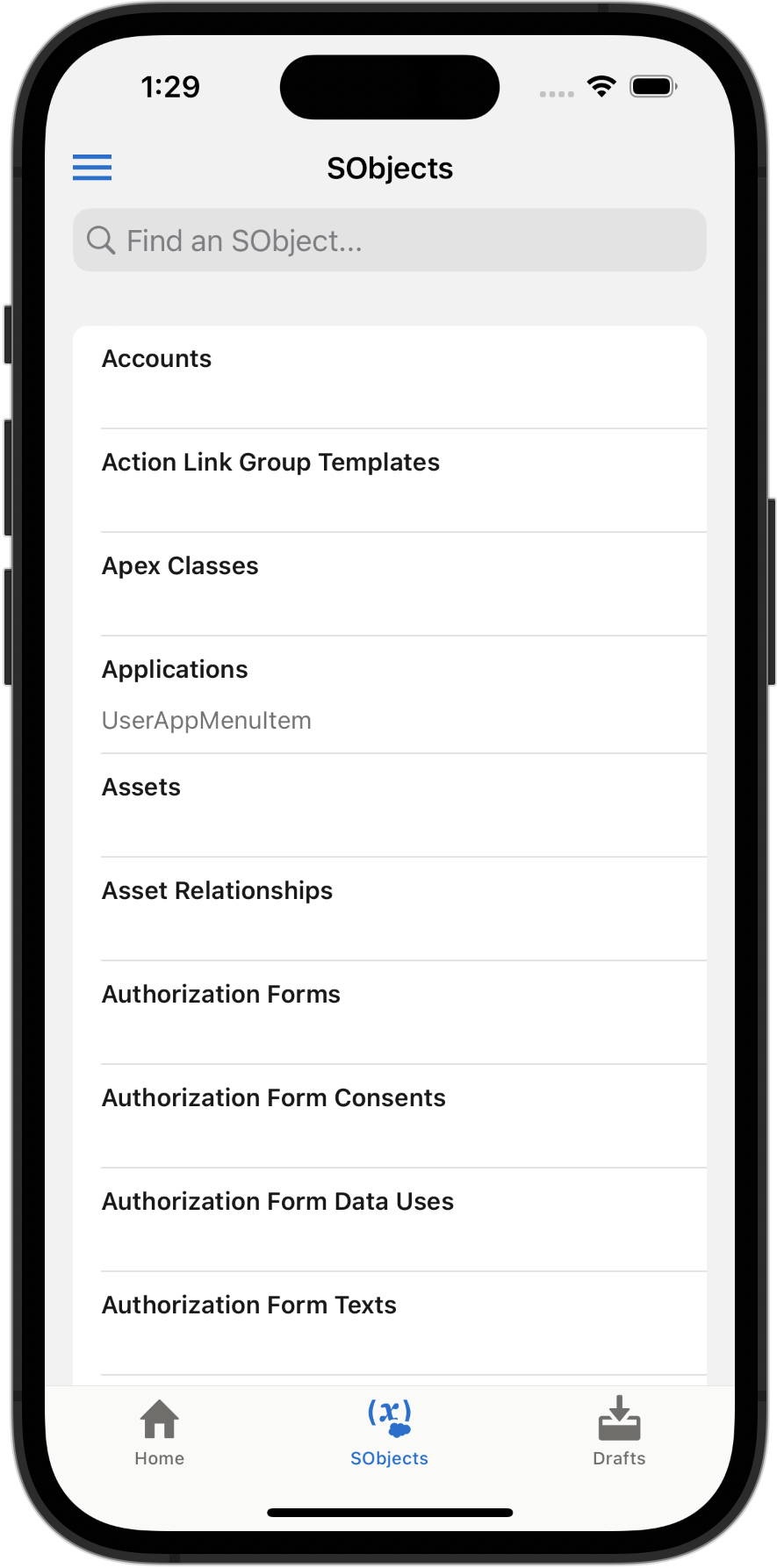 SObjects tab of the Test Harness app, showing a list of objects in an org