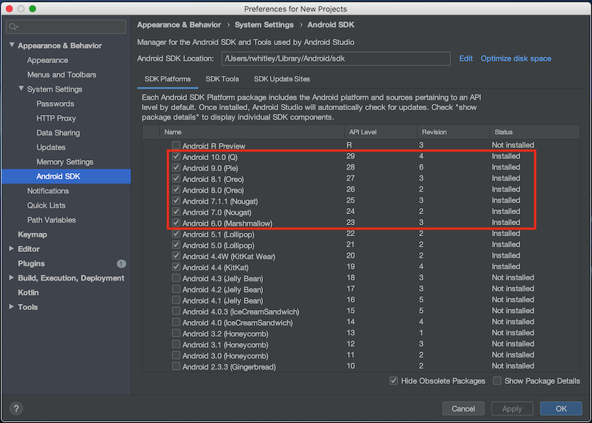List of Android SDK platforms in Android Studio Preferences