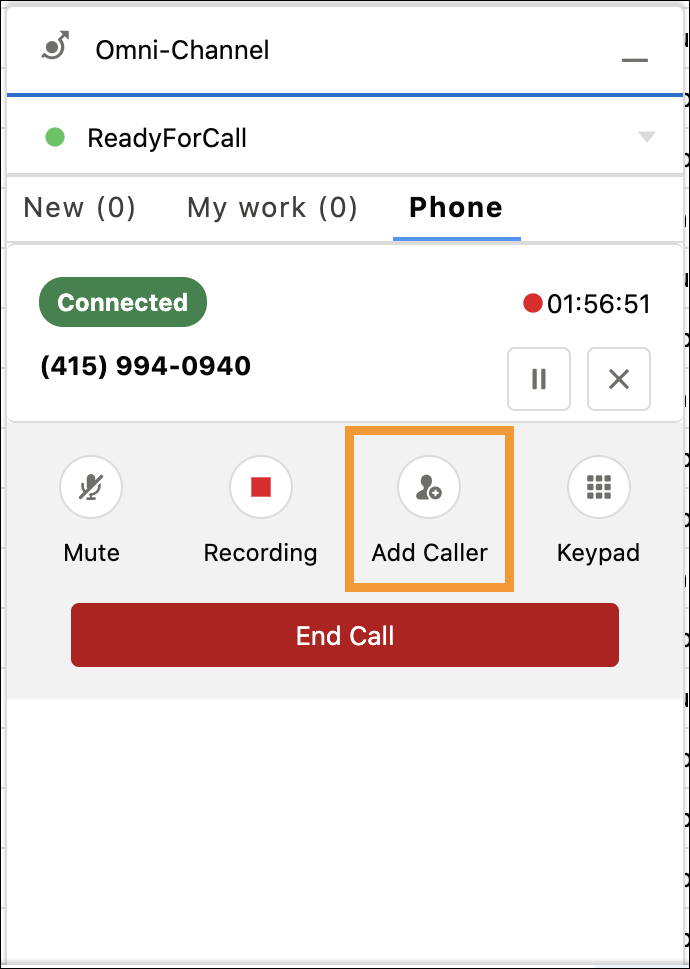 Omni-Channel utility with Add Caller highlighted.