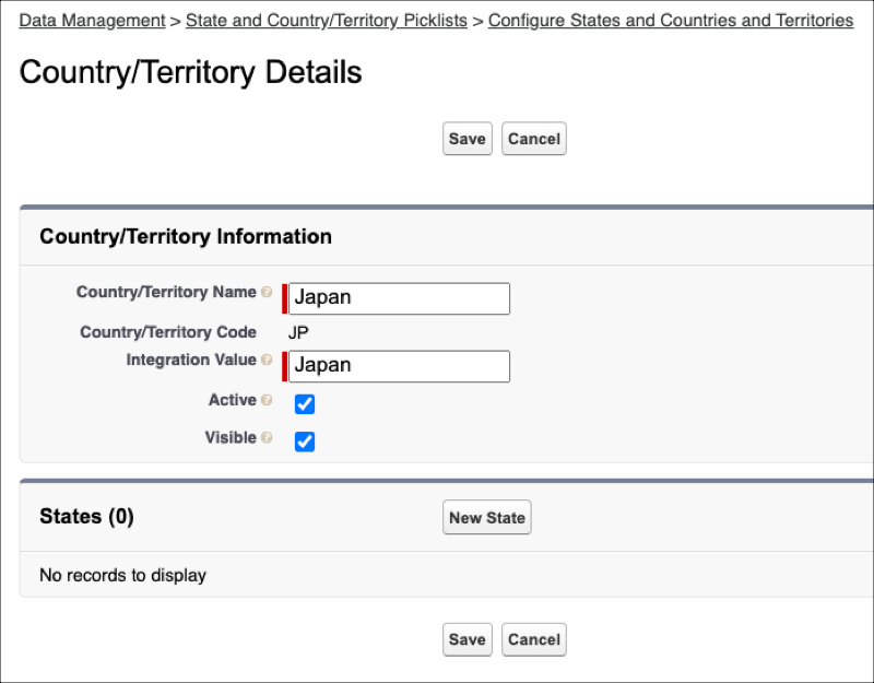 The country and territory details configuration page in a Salesforce org showing that both the name and integration value are set to Japan