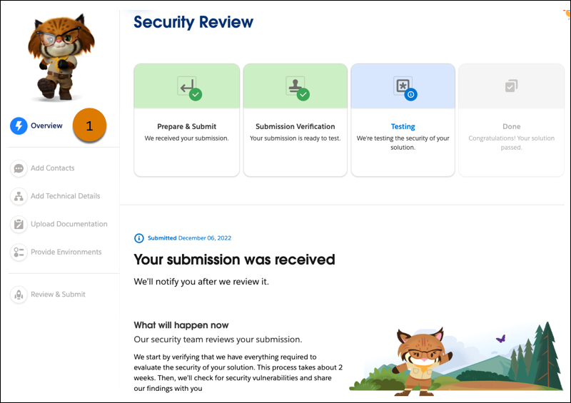 A submission in the Security Review wizard with a callout on the Overview area.