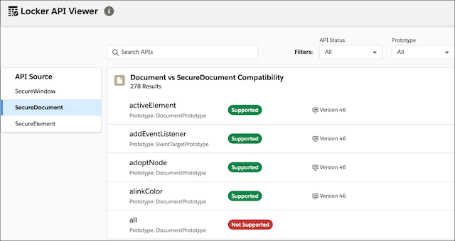 Locker API Viewer sample page showing APIs supported by SecureDocument
