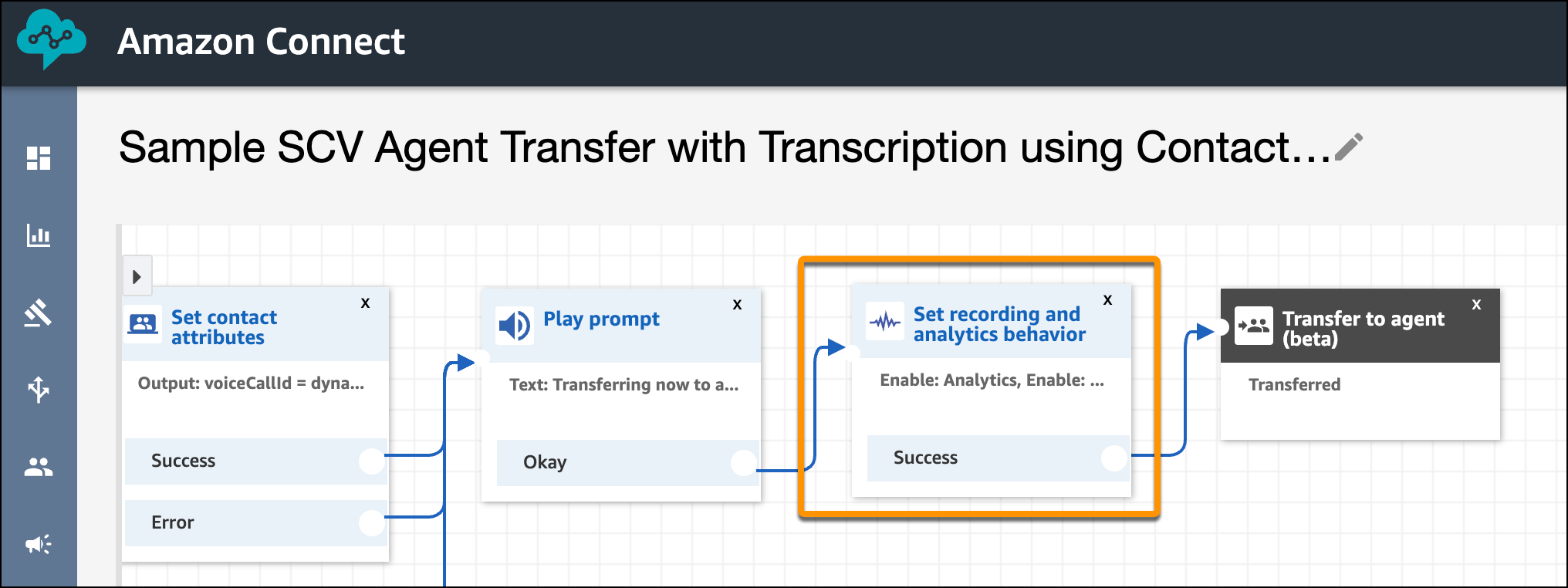 The Set Recording and Analytics Behavior block is before the Transfer to Agent block in the Sample SCV Agent Transfer with Transcription Using Contact Lens contact flow.