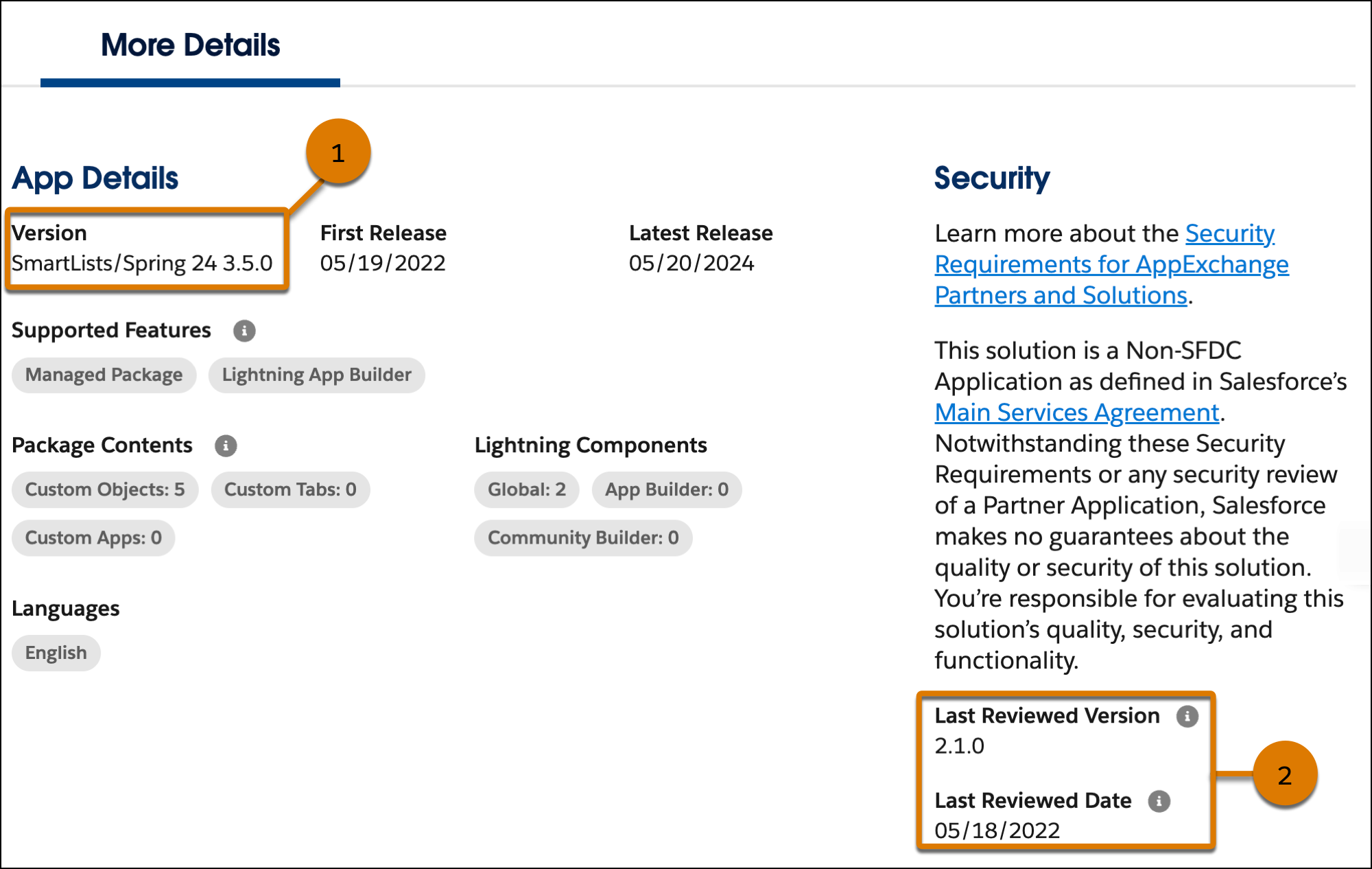 A screenshot of an AppExchange listing for a 2GP package with callouts on the version, and the last reviewed version and date