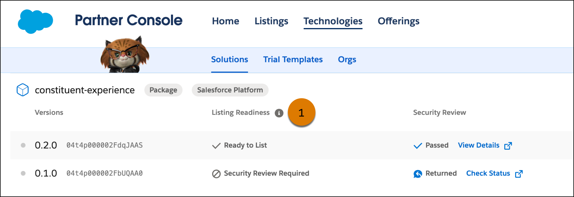 A screenshot of the Partner Console’s Solutions tab with a callout on the Listing Readiness column