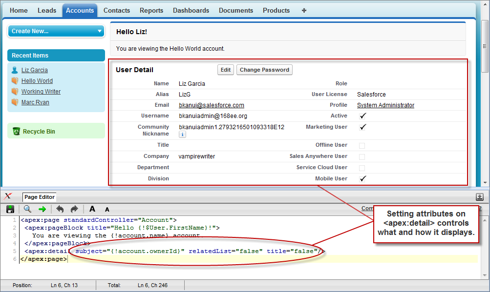 The apex:detail component without Related List or Title elements