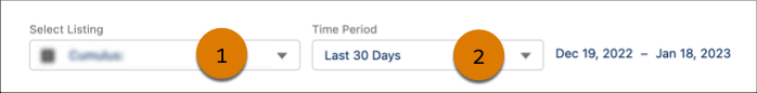 The AppExchange Analytics dashboard global filter menu with highlights on the Listing and Time Period dropdown menus