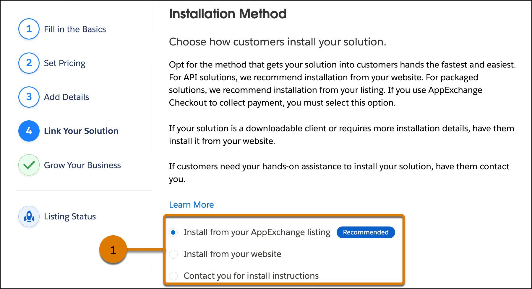 A screenshot of the installation method options