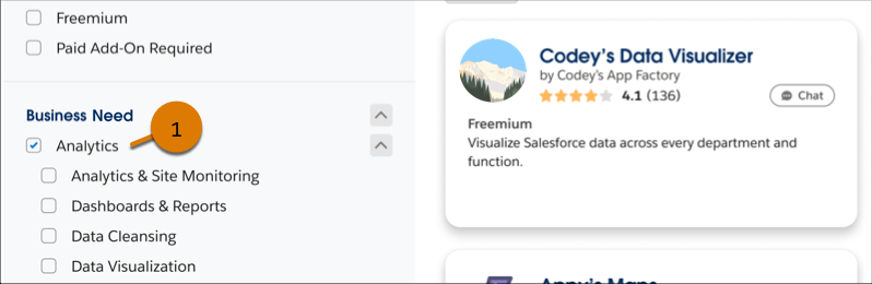 The Business Need filter area of the AppExchange search results page with a callout to the Analytics filter value.