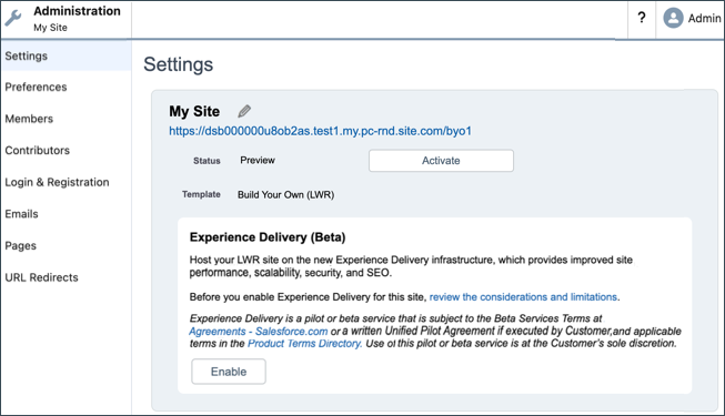 The Settings tab of the site's Administration workspace.