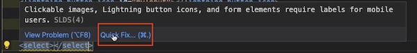 Quick Fix button for an SLDS warning