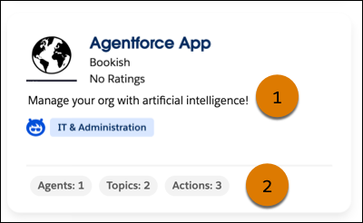 A listing tile on AgentExchange shows the Agentforce capabilities description and the number of agents, topics, and actions.