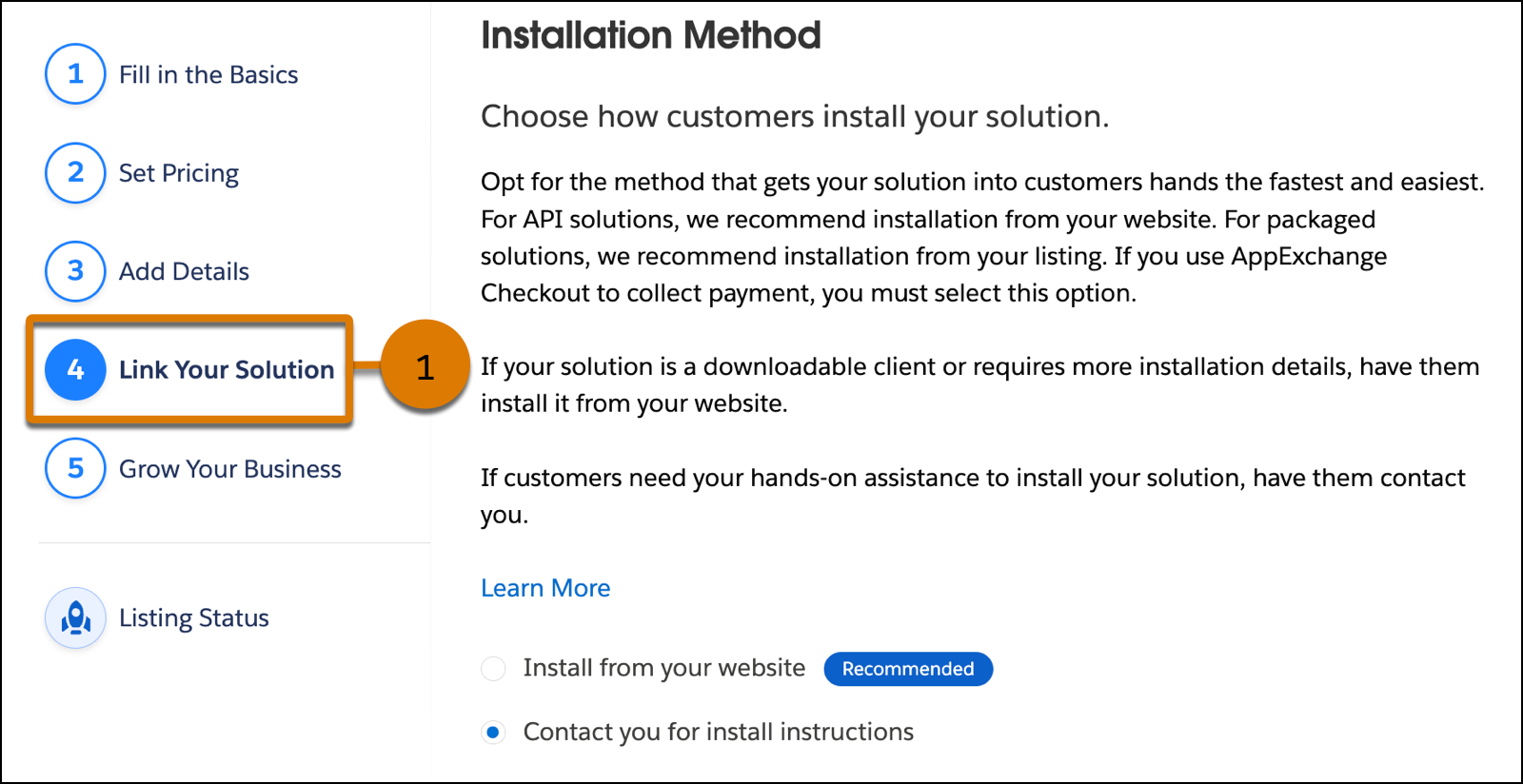 A screenshot of the Installation Method section of the Link Your Solution Listing Builder step