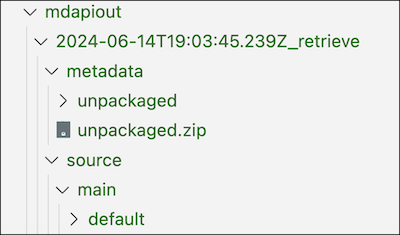 Directory structure of the temporary mdapiout directory that contains metadata from a retrieve.