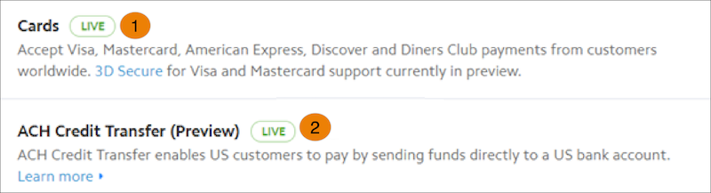 A view of the Payment Settings page in the Stripe dashboard with callouts around ACH and SEPA payment methods.