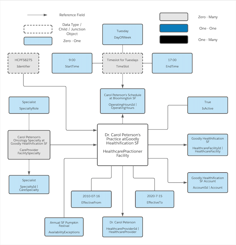 A diagram that shows how Carol Peterson's practice at Goodly Healthification is represented in Salesforce.