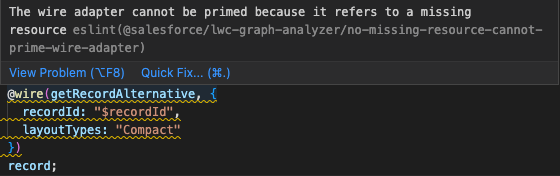 Offline LWC validation error in VS Code. Advice is displayed when you hover over the validation error.