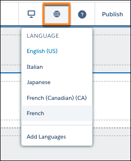 Language selector icon in Experience Builder, showing its menu of languages