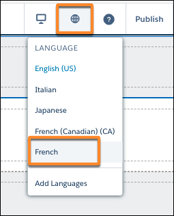 Language selector icon and menu in Experience Builder