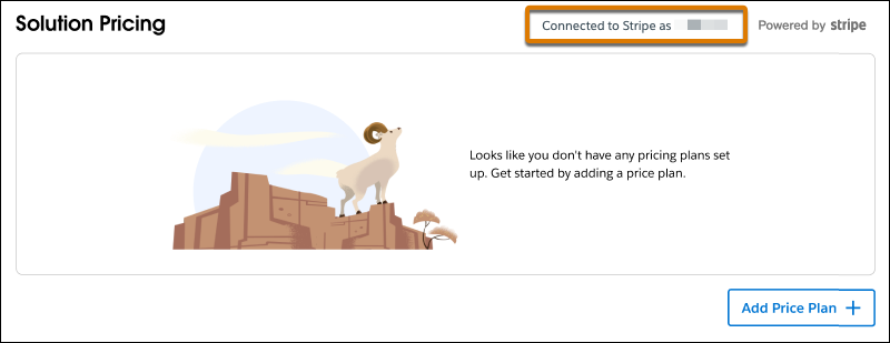 A view of the solution pricing table showing the user is connected to Stripe