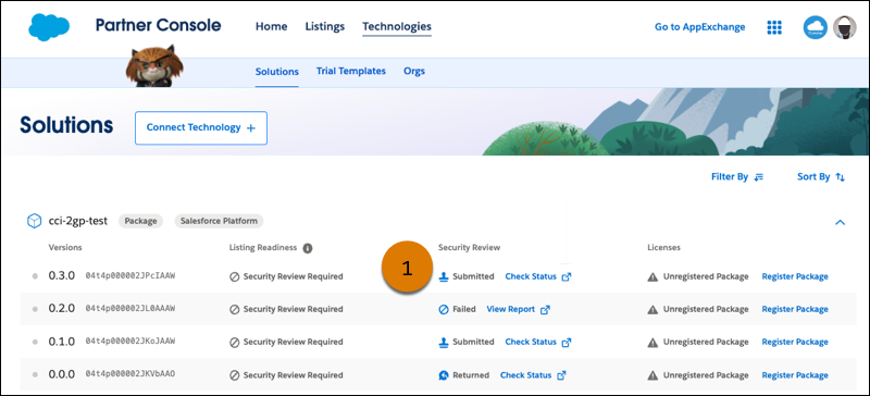 A screenshot of the Solutions page in the Partner Console highlighting the status field in the security review column